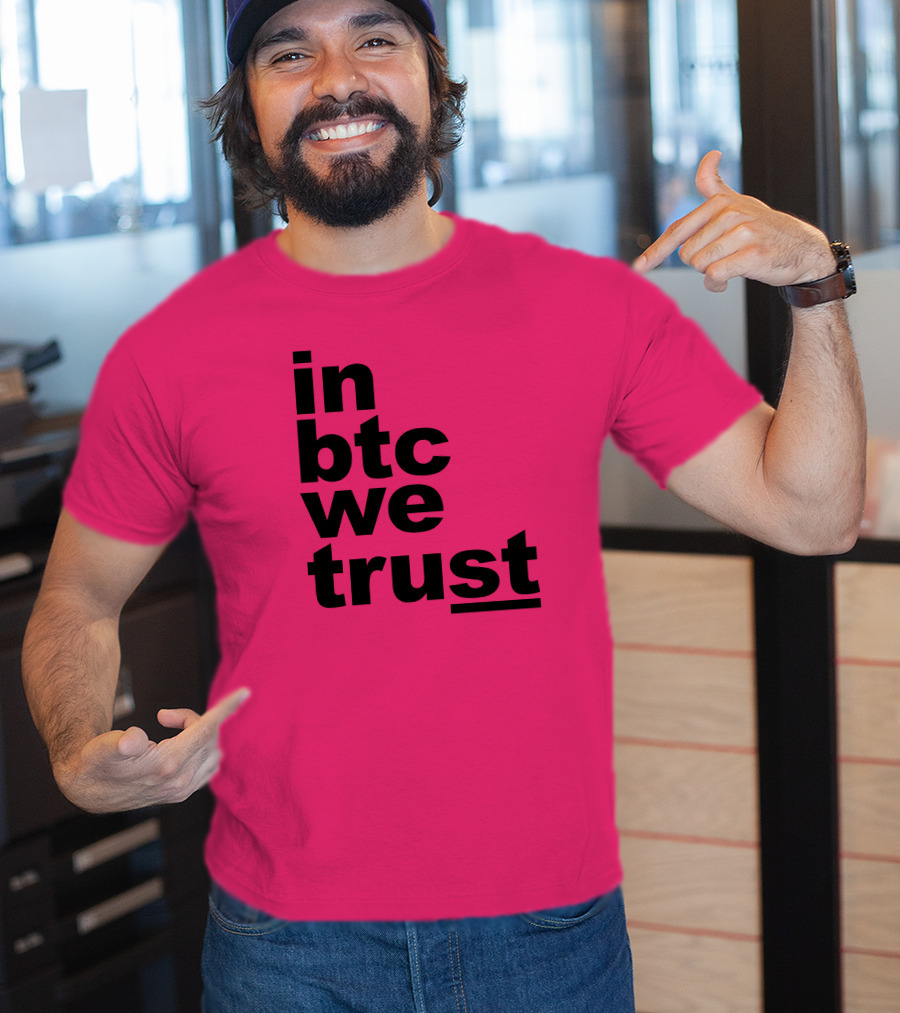 Bitcoin Merch In BTC We Trust Bold Text Pink Background T-Shirt