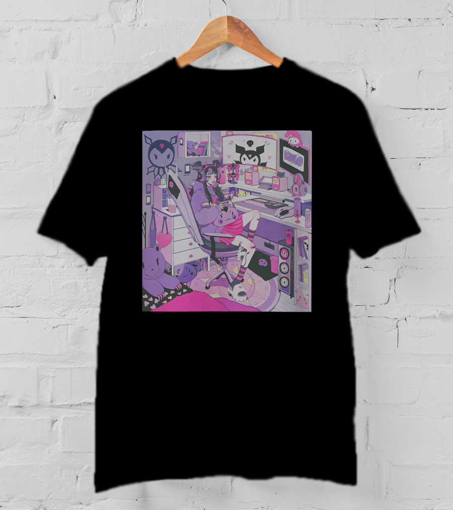 Kiru Made Fuku Mono Lavender Mood Vacuum Anime Gaming Room With Kuro Plushies And Headset Gamer Girl T-Shirt