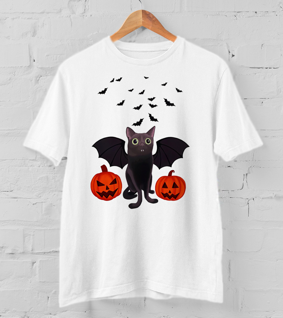 Bigfootjinx Merch Halloween Bat Jinx Black Cat With Pumpkin Jack-o'-Lanterns And Flying Bats T-Shirt