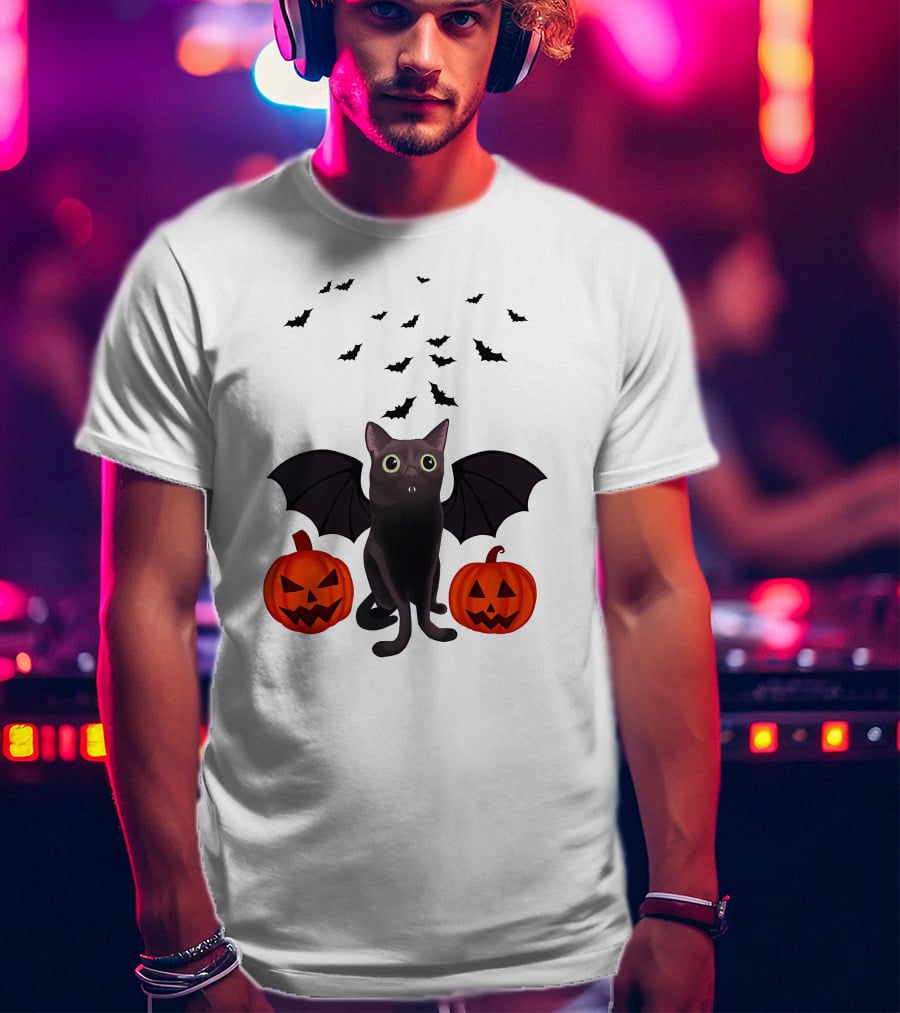 Bigfootjinx Merch Halloween Bat Jinx Black Cat With Pumpkin Jack-o'-Lanterns And Flying Bats T-Shirt