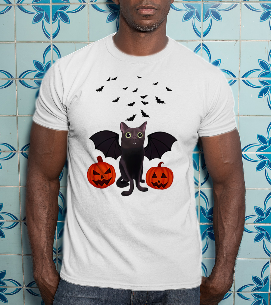 Bigfootjinx Merch Halloween Bat Jinx Black Cat With Pumpkin Jack-o'-Lanterns And Flying Bats T-Shirt