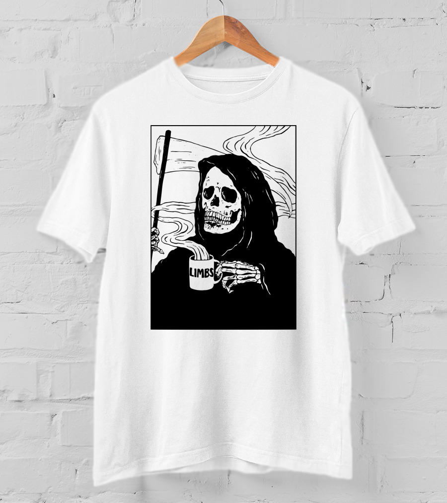 Chelsea Grin Down Right Merch Limbs Coffee Reaper Skeleton Holding Scythe And Mug T-Shirt