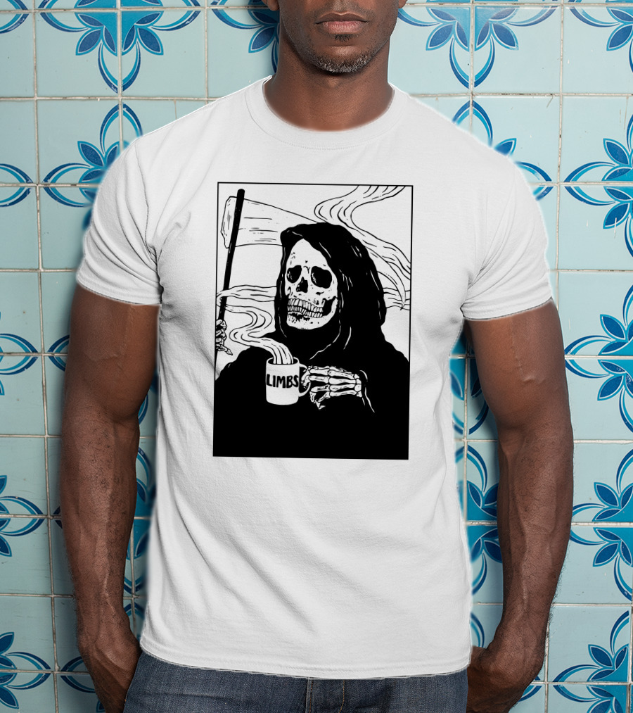 Chelsea Grin Down Right Merch Limbs Coffee Reaper Skeleton Holding Scythe And Mug T-Shirt