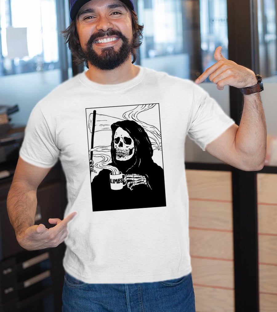 Chelsea Grin Down Right Merch Limbs Coffee Reaper Skeleton Holding Scythe And Mug T-Shirt