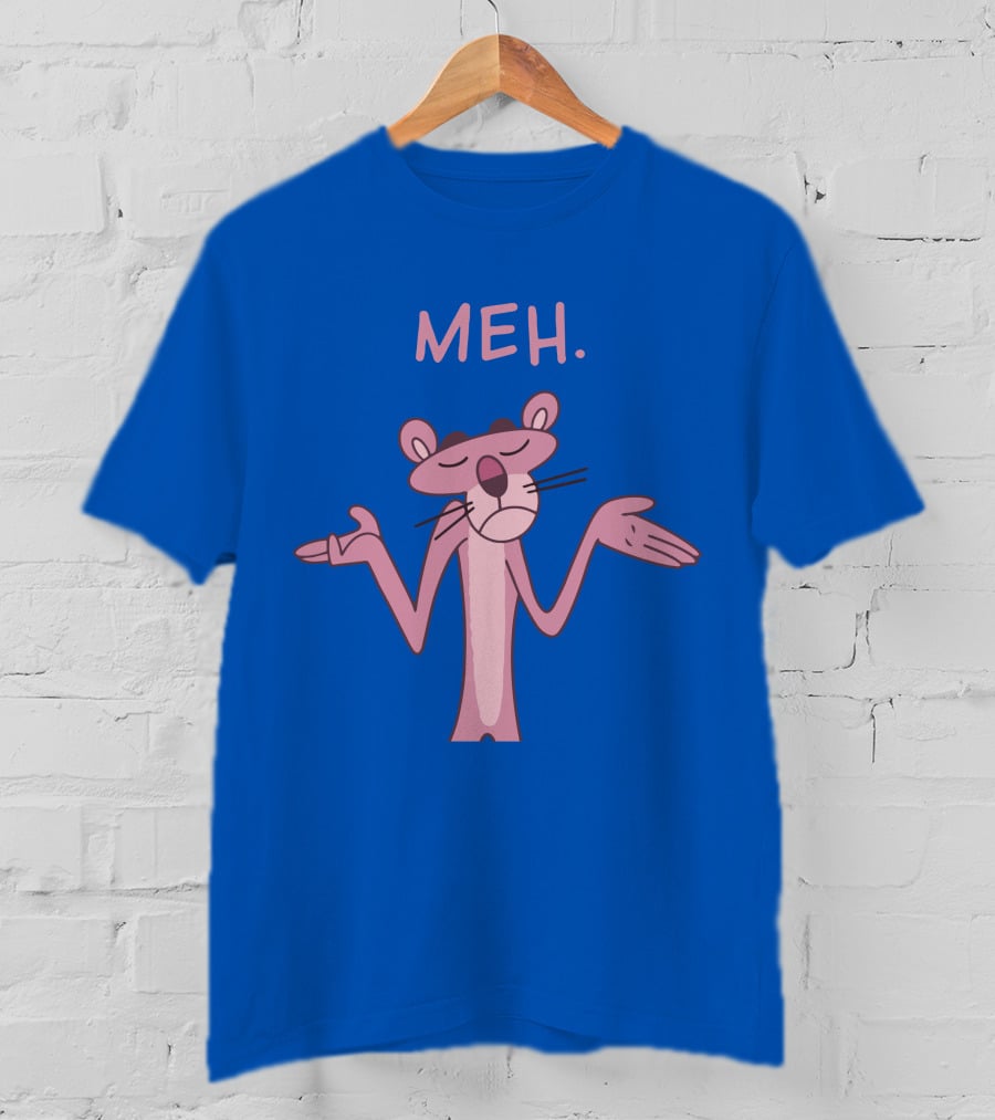 Qwertee Pink Panther Meh Apathy Blue Background T-Shirt
