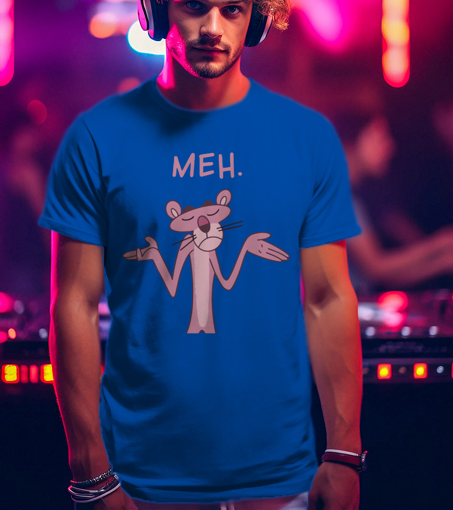 Qwertee Pink Panther Meh Apathy Blue Background T-Shirt