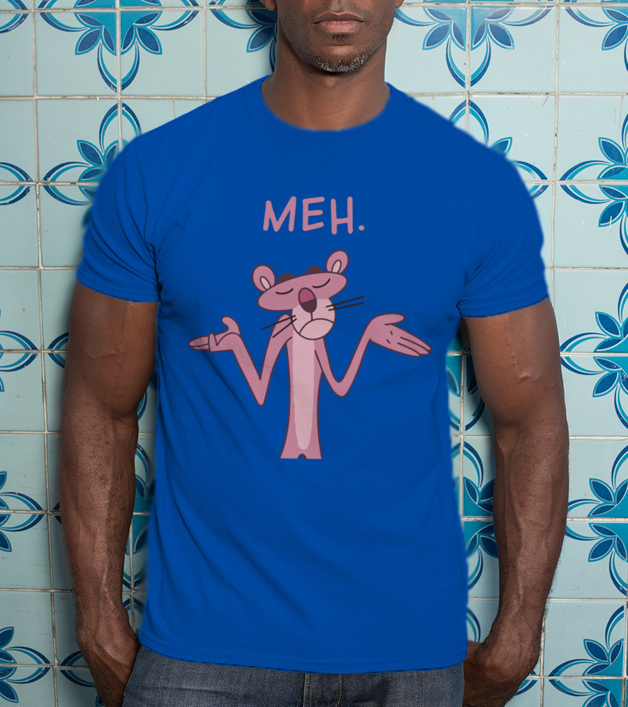 Qwertee Pink Panther Meh Apathy Blue Background T-Shirt