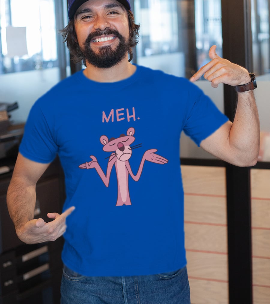 Qwertee Pink Panther Meh Apathy Blue Background T-Shirt