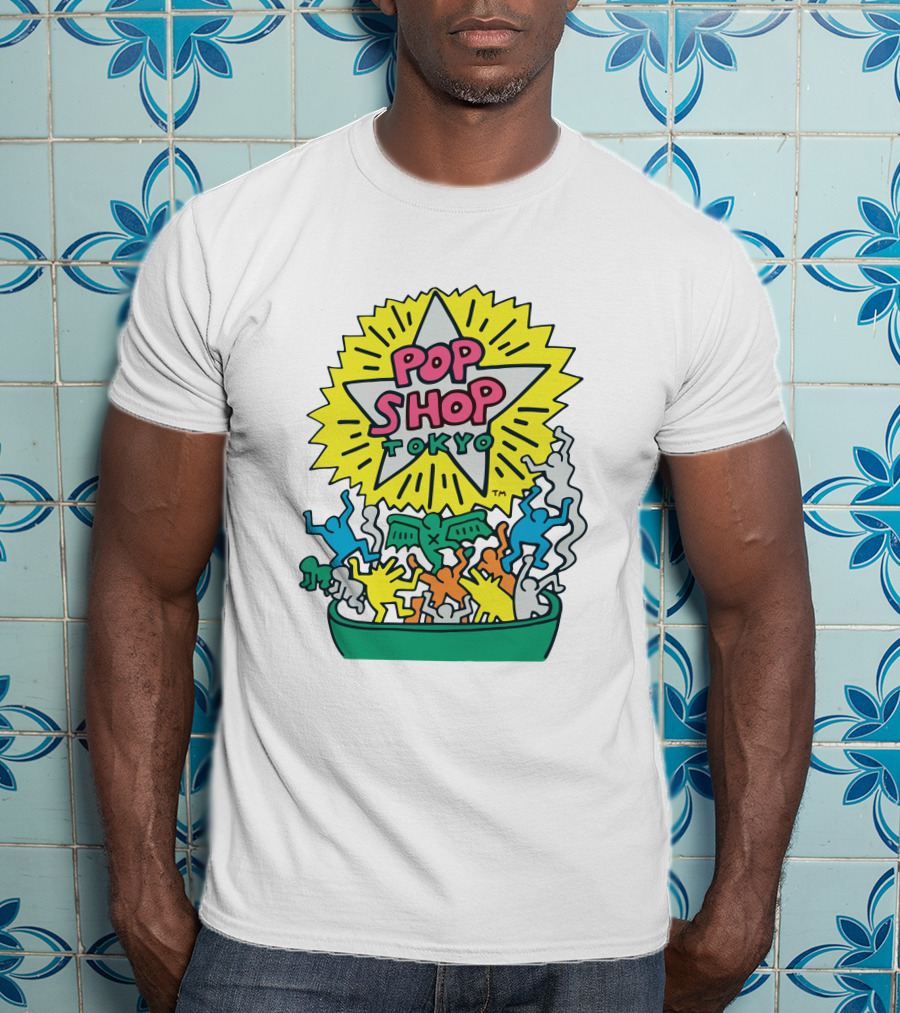 Orange Keith Haring Pop Shop Tokyo Starburst Colorful Figures T-Shirt