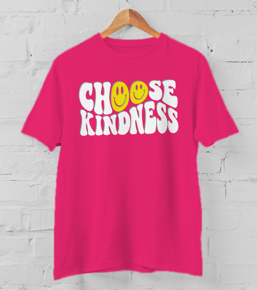Miss Natali S Choose Kindness Smiley Face Groovy Font Pink Background T-Shirt