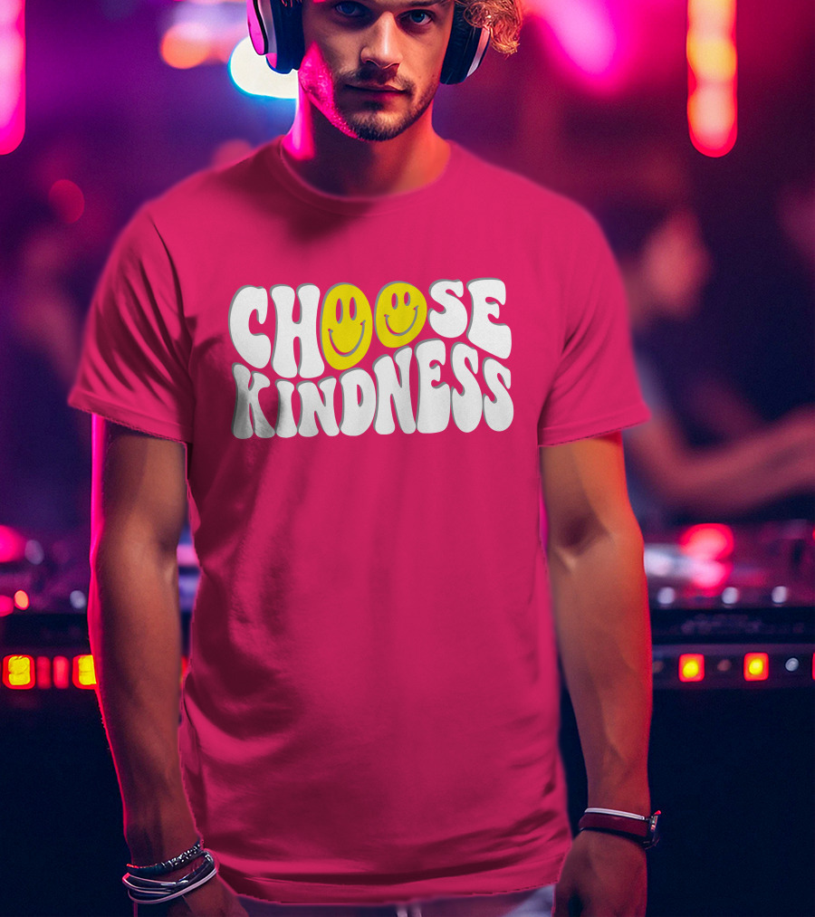 Miss Natali S Choose Kindness Smiley Face Groovy Font Pink Background T-Shirt