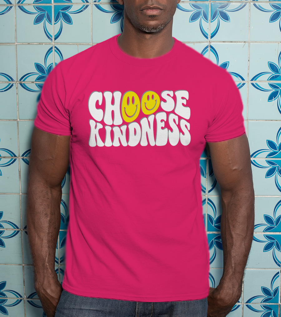 Miss Natali S Choose Kindness Smiley Face Groovy Font Pink Background T-Shirt