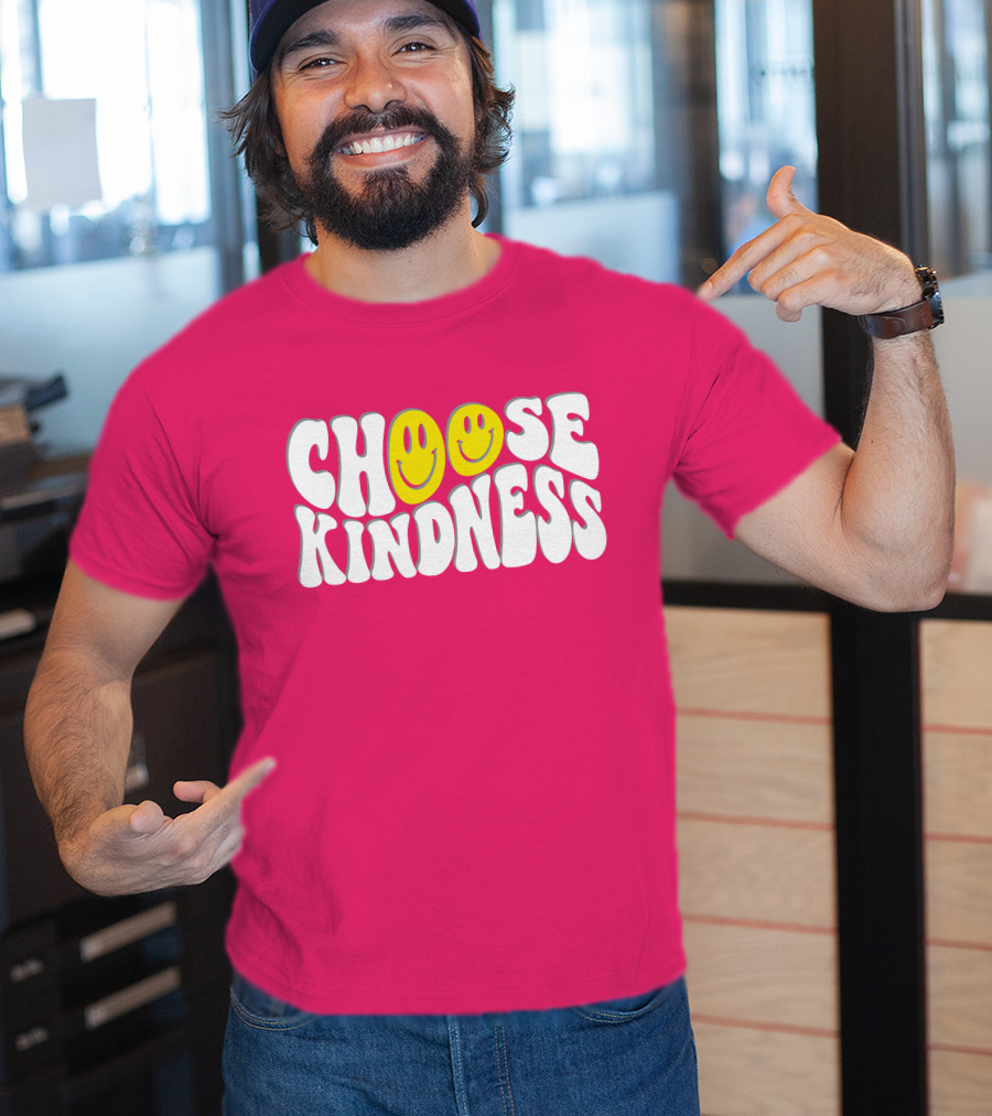 Miss Natali S Choose Kindness Smiley Face Groovy Font Pink Background T-Shirt