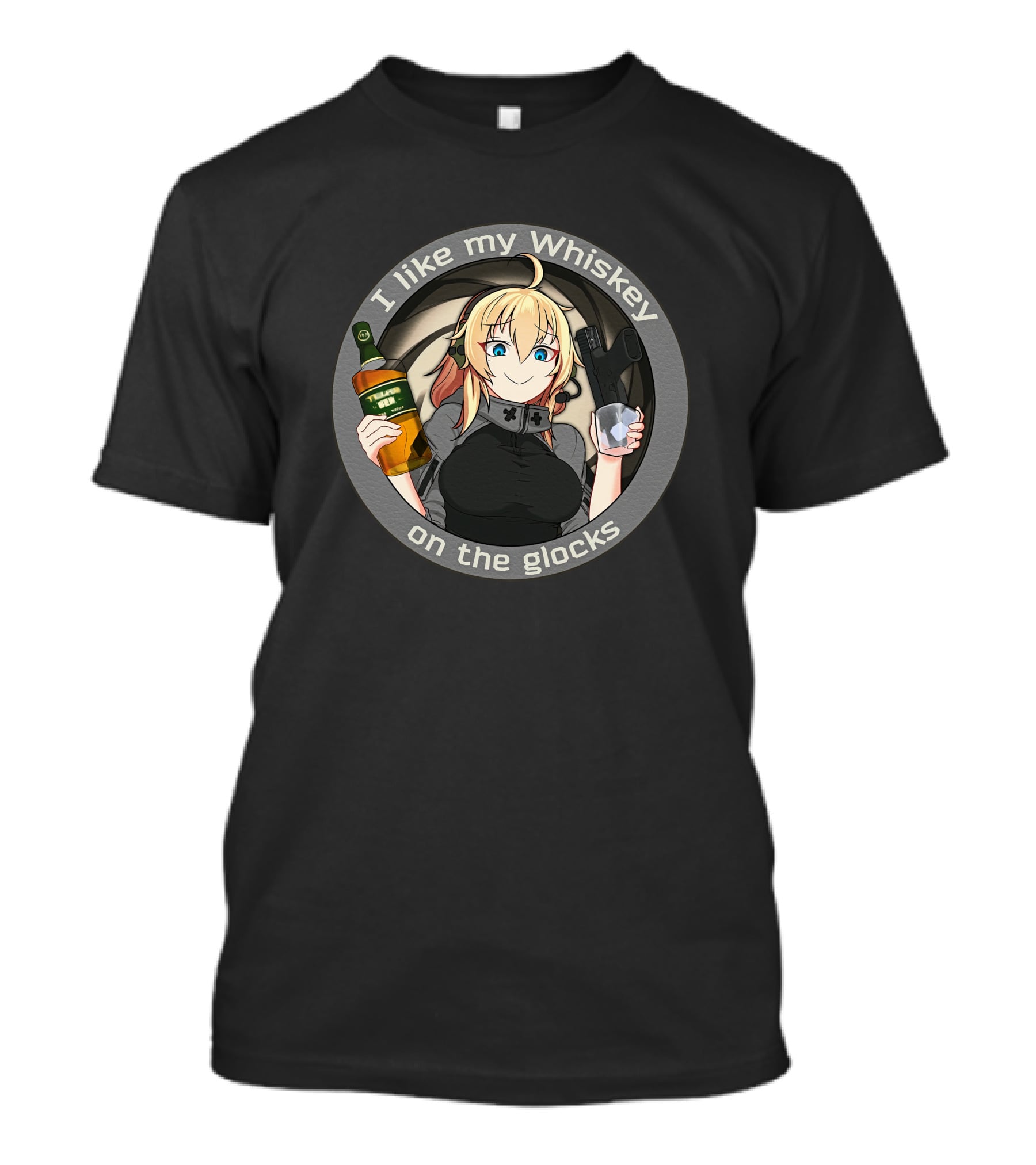 Waifu Dynamics Merch Whiskey Glocks Anime Character I Like My Whiskey T-Shirt
