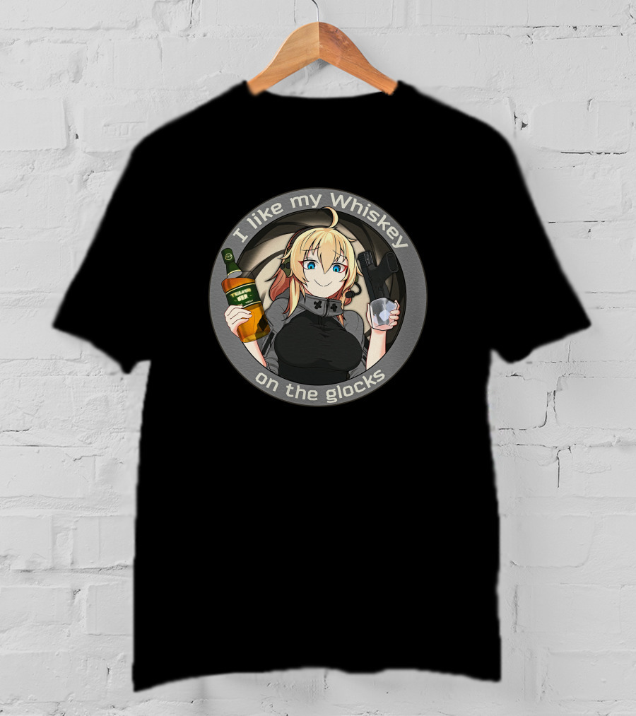 Waifu Dynamics Merch Whiskey Glocks Anime Character I Like My Whiskey T-Shirt