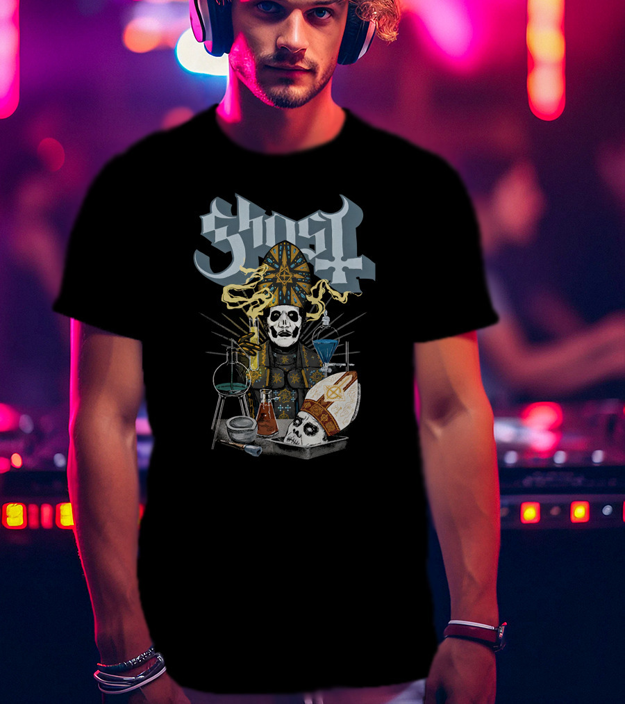 Ghost Reanimator Iconic Alchemy Imagery With Skull In Clerical Garb T-Shirt