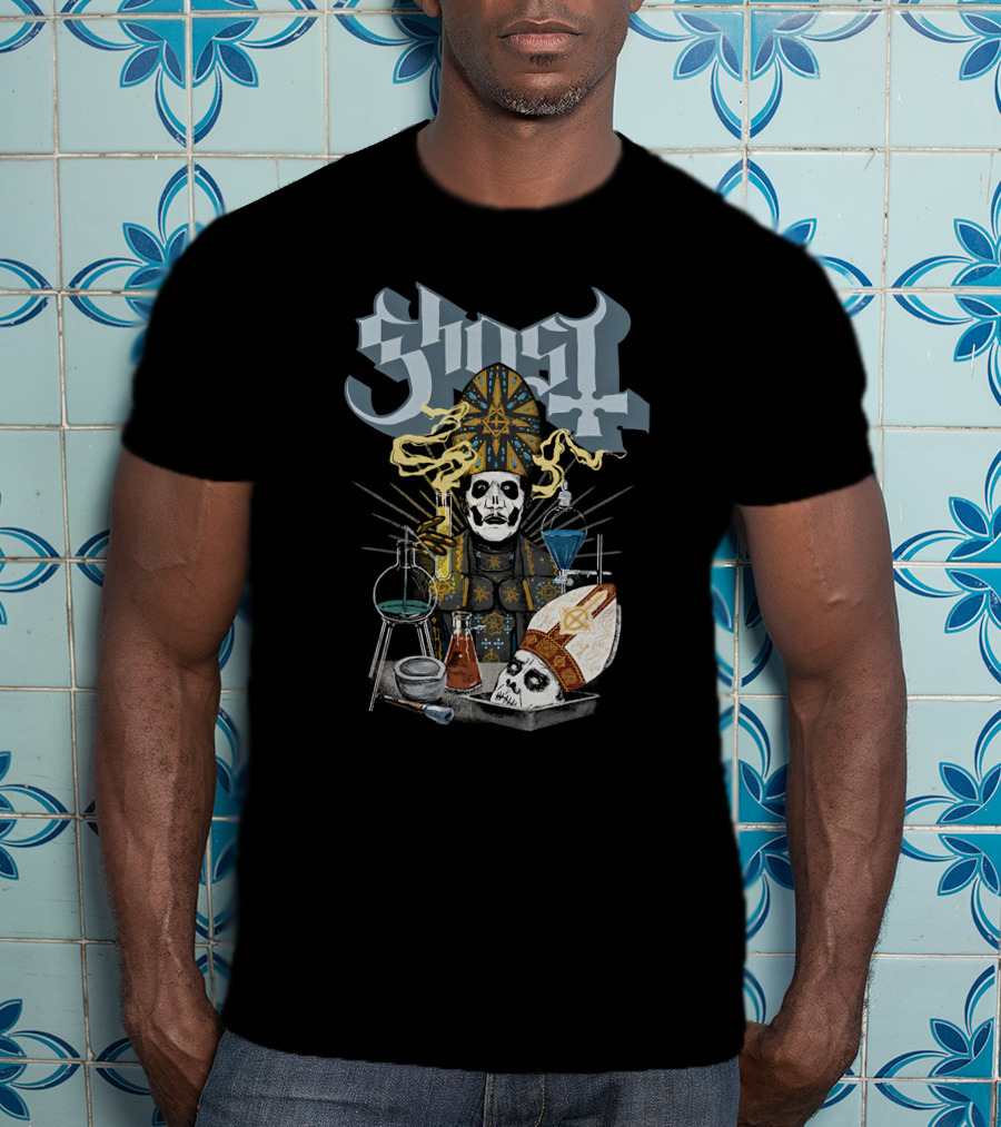 Ghost Reanimator Iconic Alchemy Imagery With Skull In Clerical Garb T-Shirt