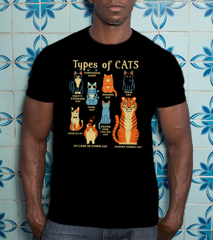 Types Of Cats Comparison Chart Pretty Standard Cat Orange Cat Ninja Cat Cool Cat Aristocat Danger Zenbra Cat Knows How You Die Cat Oh Land He Comin Cat T-Shirt