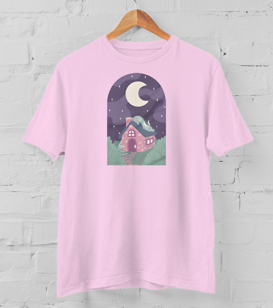 Sleepy Draginn Under Night Sky Crescent Moon Pastel Cottage T-Shirt