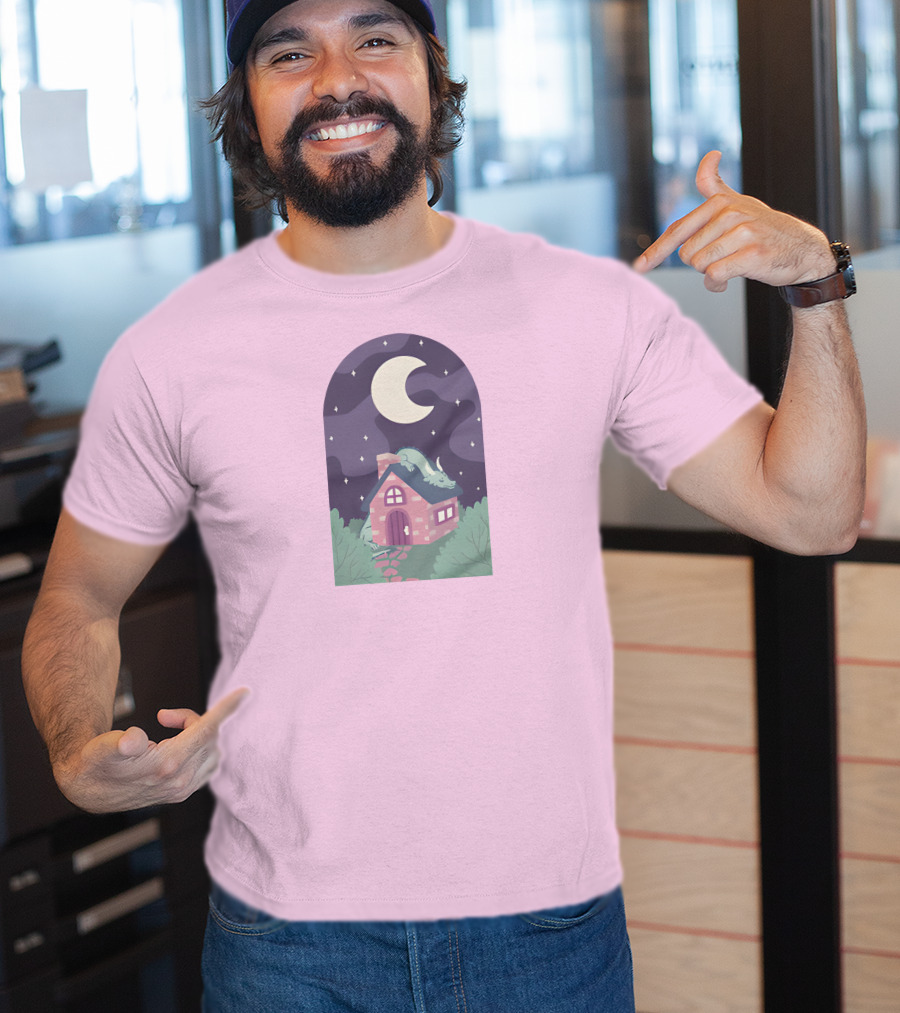 Sleepy Draginn Under Night Sky Crescent Moon Pastel Cottage T-Shirt