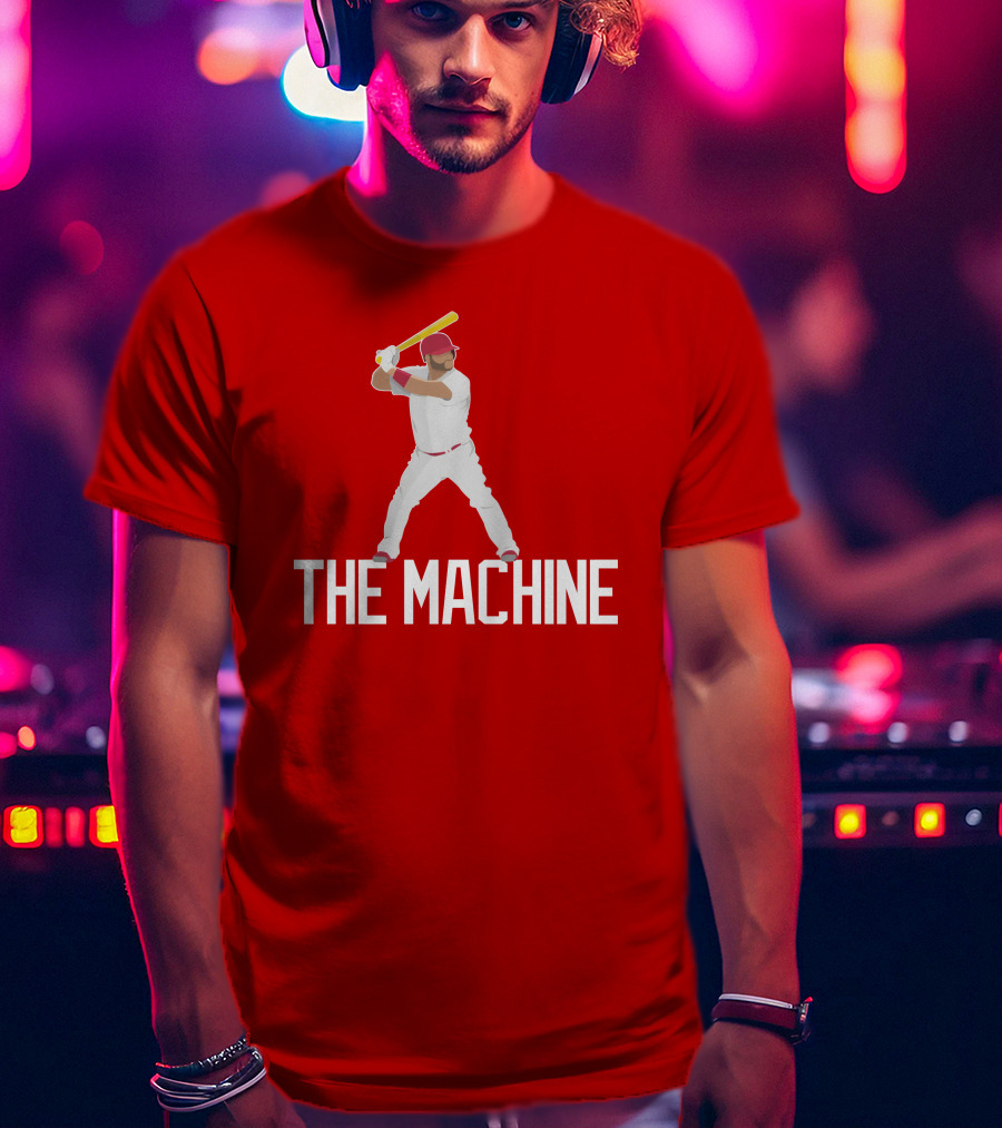 The Machine Baseball Player In White Uniform With Yellow Bat And Red Cap T-Shirt