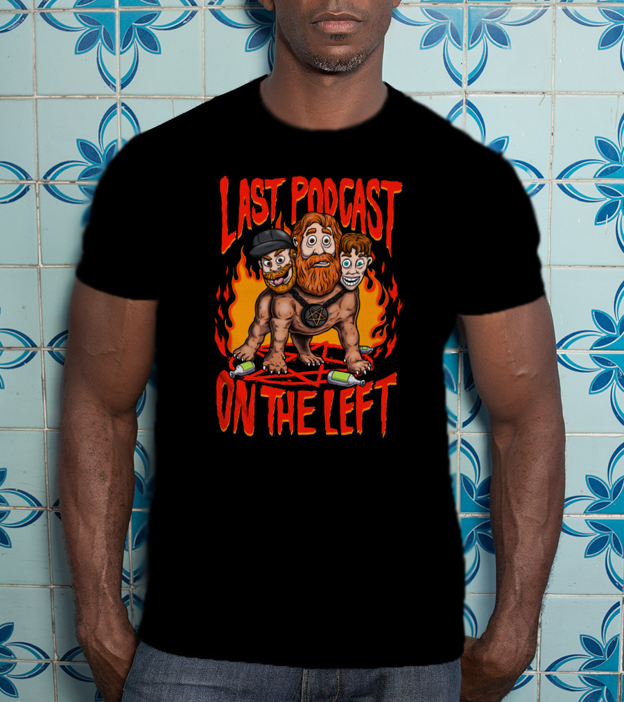 Last Podcast On The Left Hellhound Fire Pentagram Three-Headed Cartoon T-Shirt