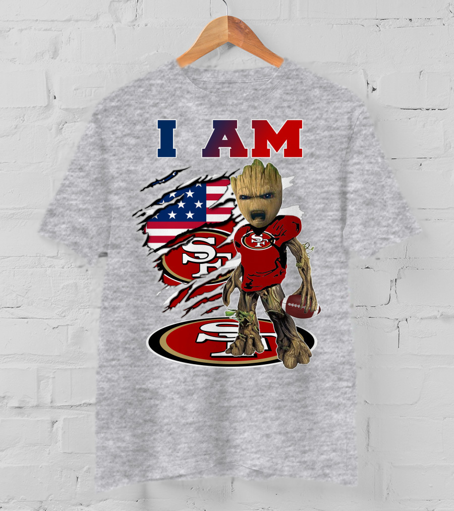 I Am 49ers Baby Groot Football Usa Flag Swoosh T-Shirt