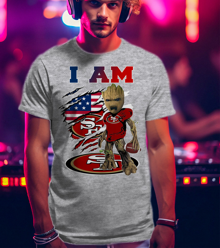 I Am 49ers Baby Groot Football Usa Flag Swoosh T-Shirt