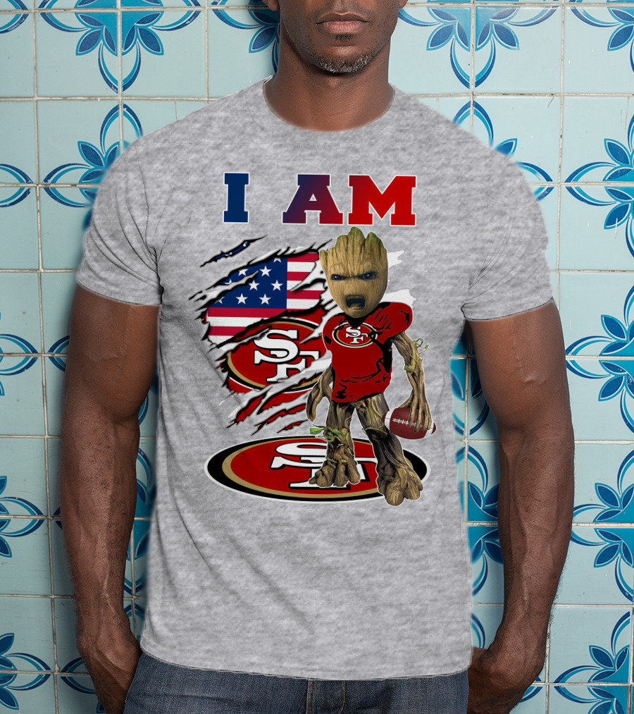 I Am 49ers Baby Groot Football Usa Flag Swoosh T-Shirt