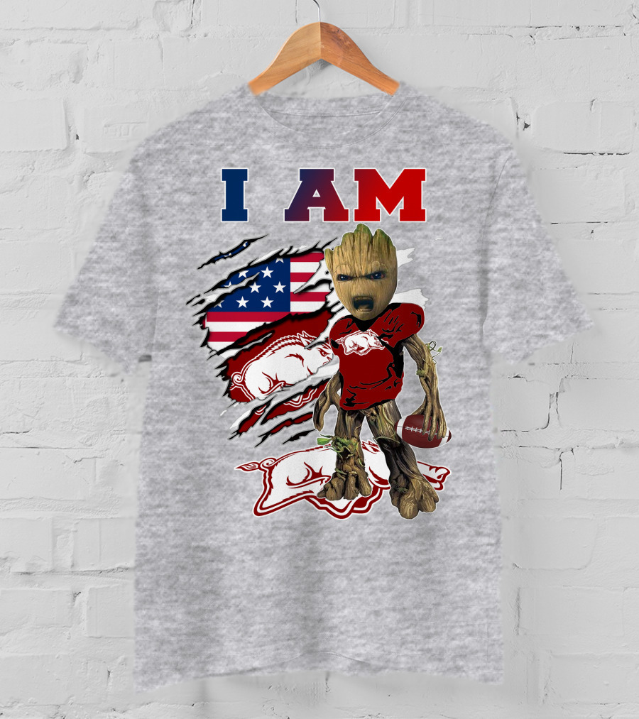 I Am Baby Groot Arkansas Razorbacks Football Usa Flag T-Shirt