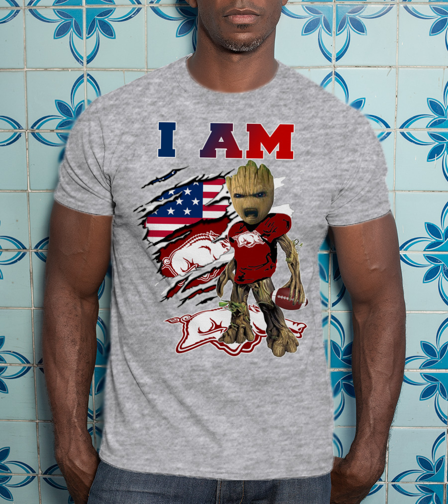 I Am Baby Groot Arkansas Razorbacks Football Usa Flag T-Shirt