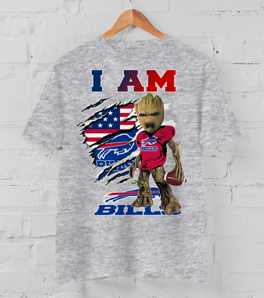 I Am Bills Baby Groot Football Fan With American Flag And Team T-Shirt
