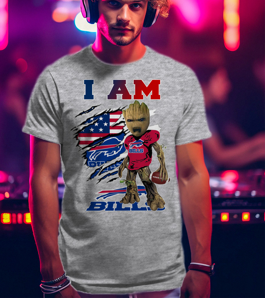I Am Bills Baby Groot Football Fan With American Flag And Team T-Shirt