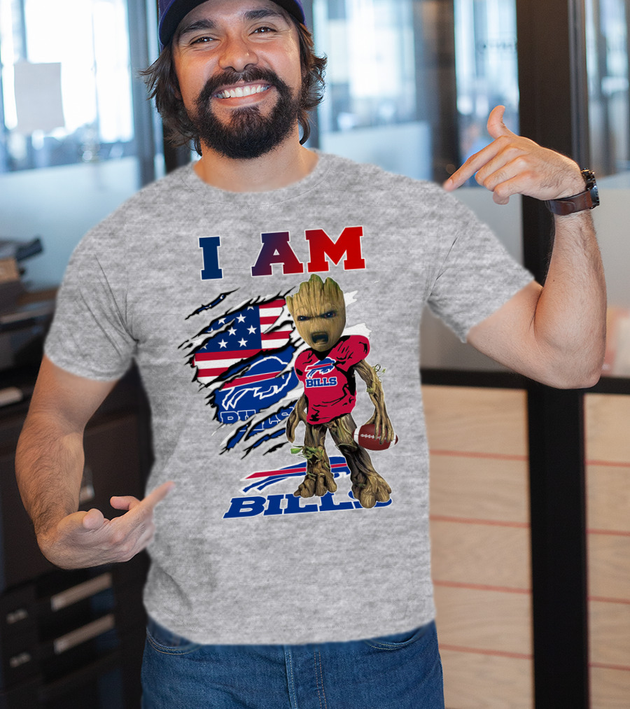 I Am Bills Baby Groot Football Fan With American Flag And Team T-Shirt