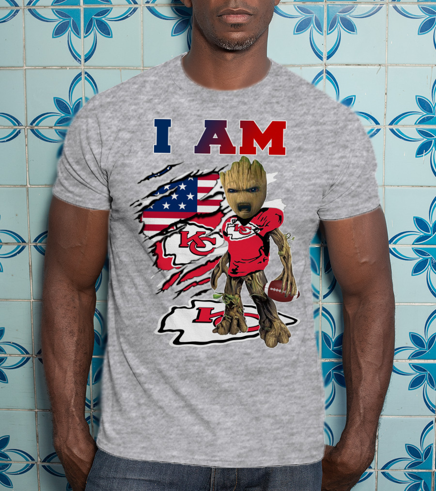 I Am Kc Chiefs Baby Groot Football Usa Flag T-Shirt