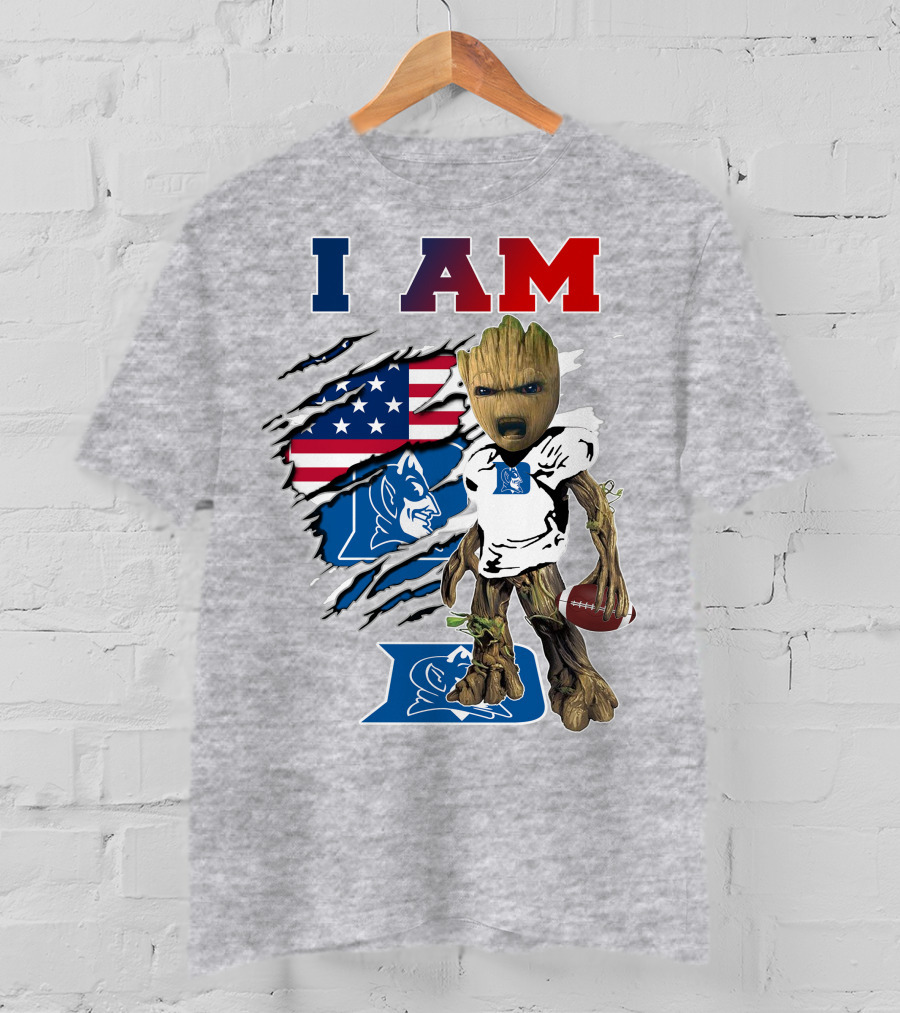I AM Duke Baby Groot With American Football And Flag Background T-Shirt