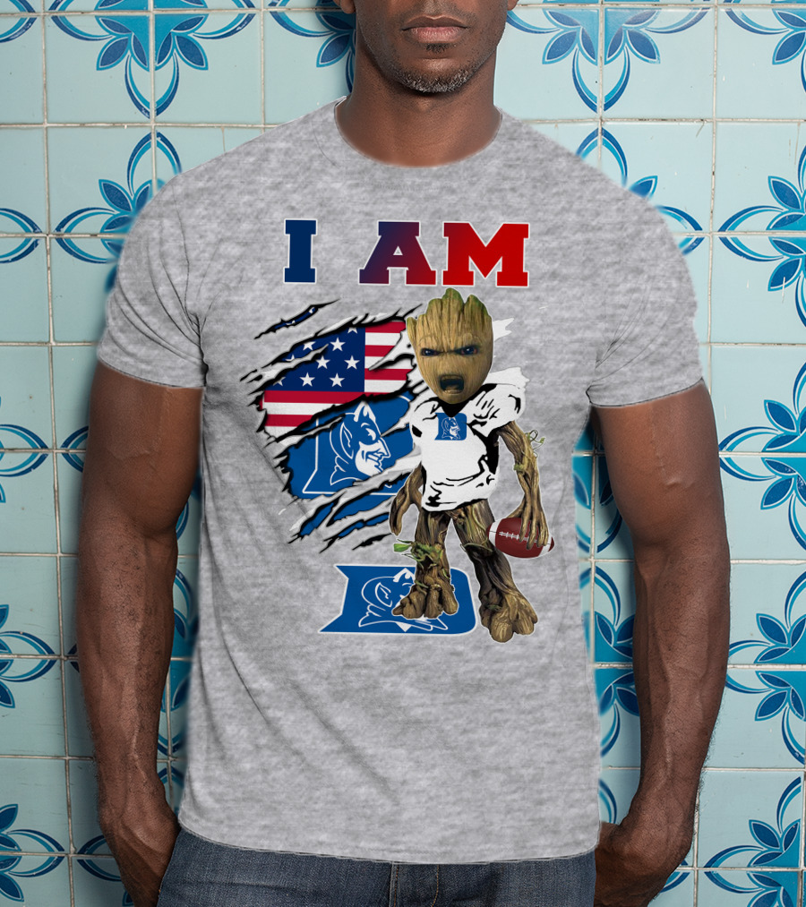 I AM Duke Baby Groot With American Football And Flag Background T-Shirt