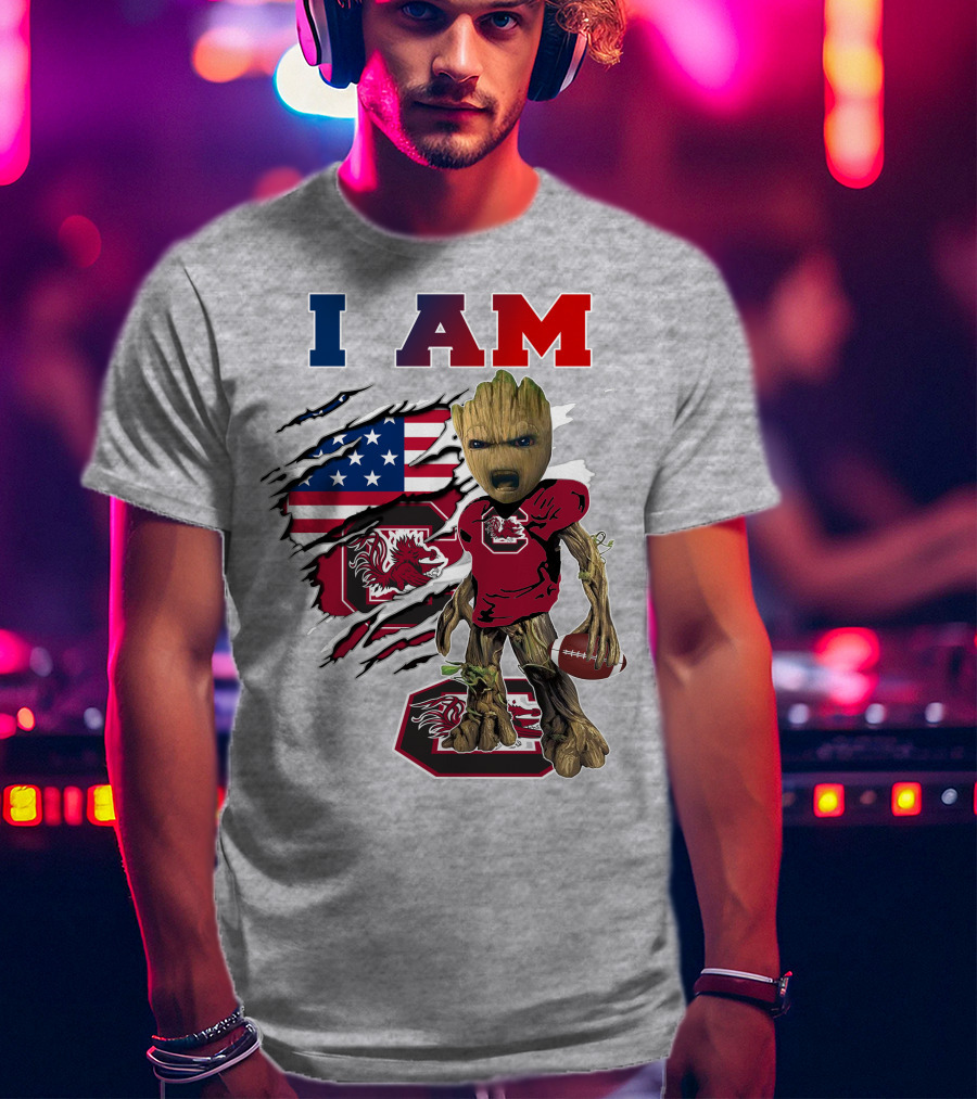 I Am Gamecocks Baby Groot Football American Flag T-Shirt