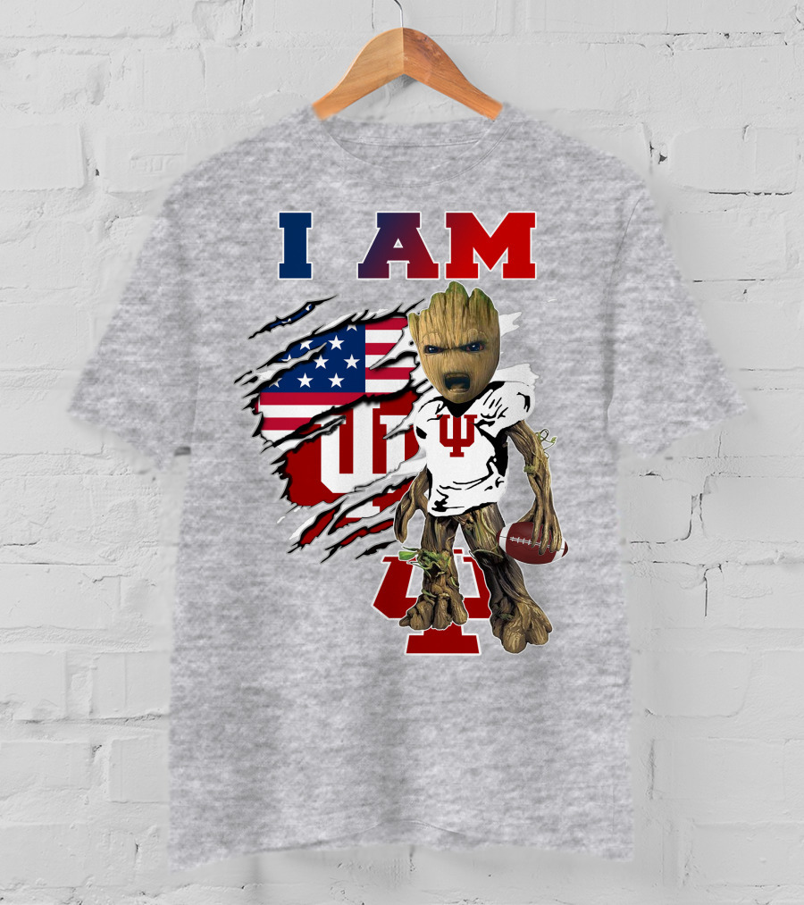 I AM Indiana University Hosiers Baby Groot Football USA Flag T-Shirt