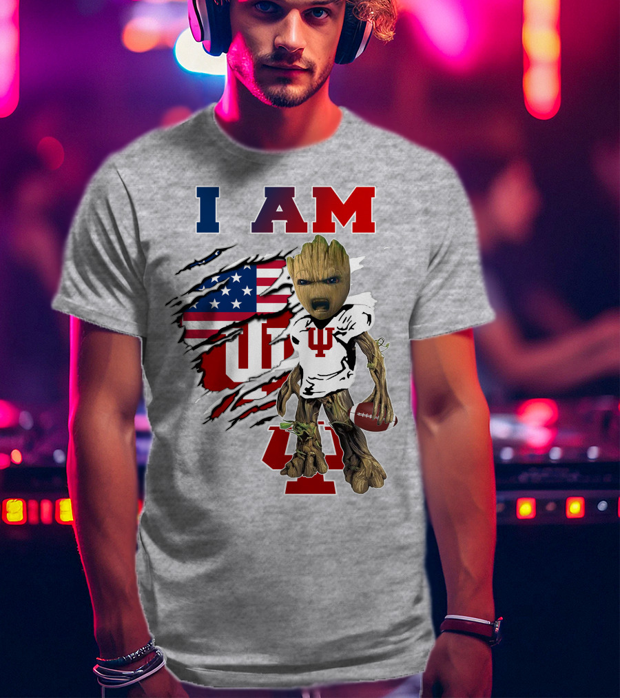 I AM Indiana University Hosiers Baby Groot Football USA Flag T-Shirt