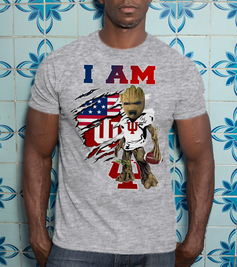 I AM Indiana University Hosiers Baby Groot Football USA Flag T-Shirt