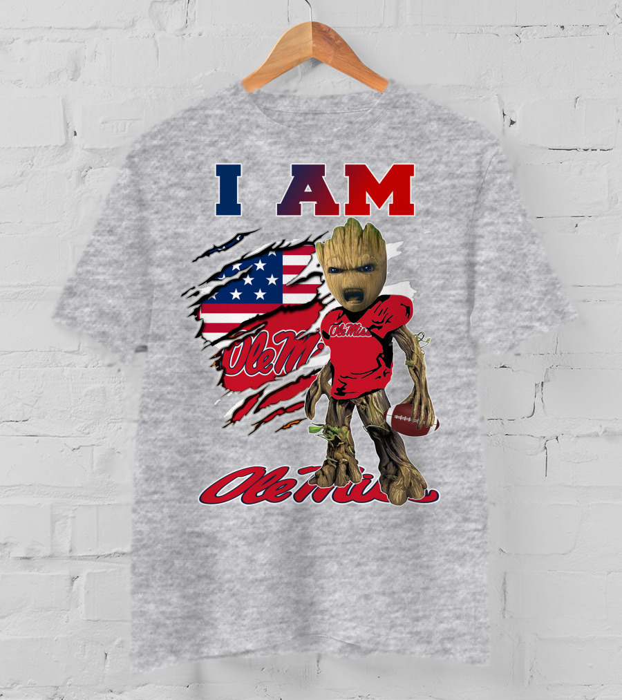 I Am Ole Miss Baby Groot Usa Flag Football T-Shirt