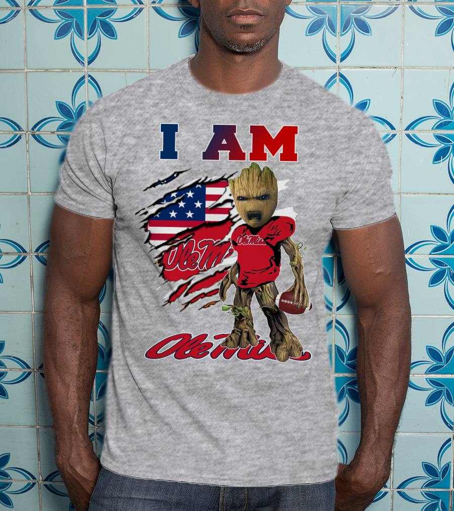 I Am Ole Miss Baby Groot Usa Flag Football T-Shirt