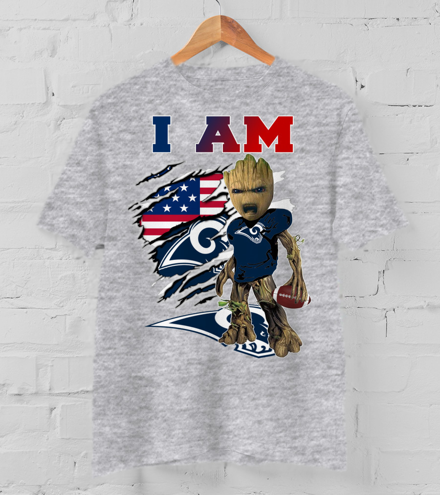 I AM Rams Baby Groot Football American Flag T-Shirt