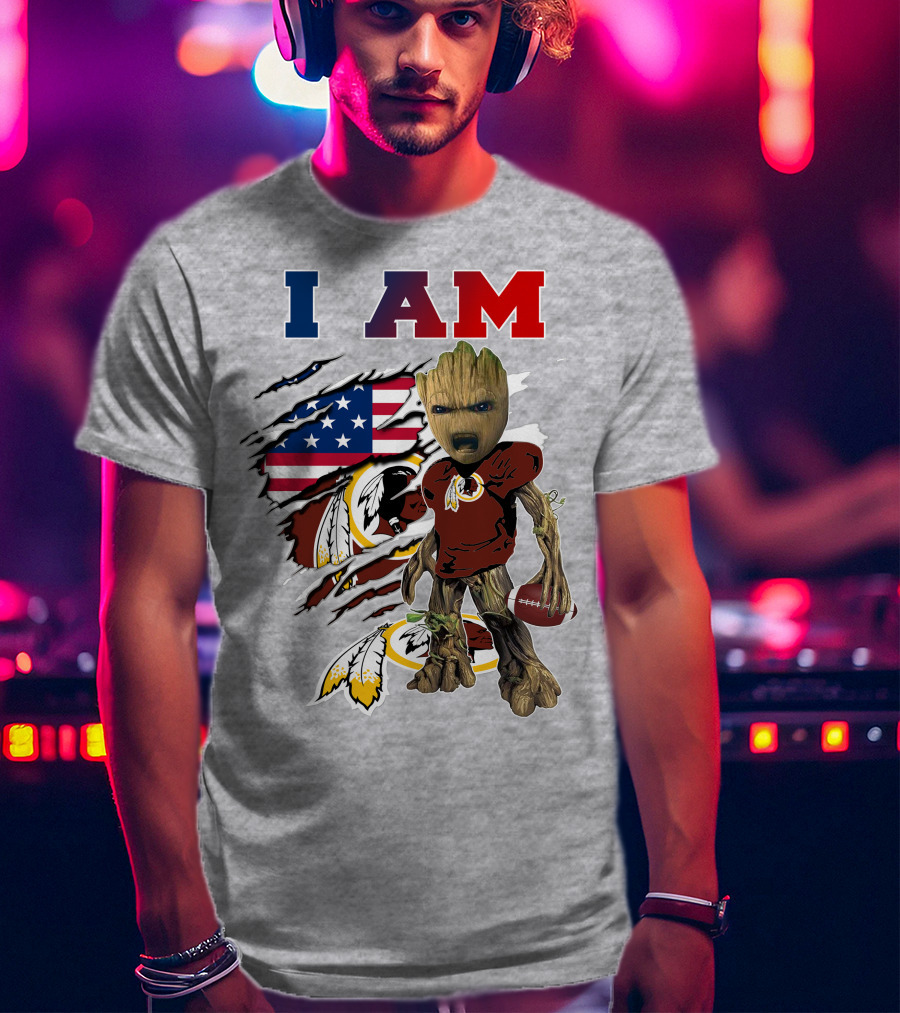 I AM Redskin Baby Groot Football USA Flag T-Shirt