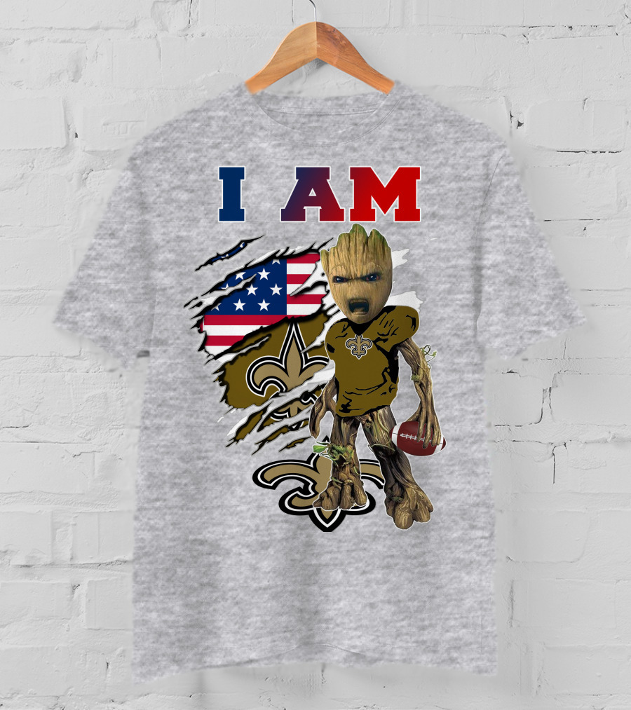I Am Saints Baby Groot Nfl Football Fleur-De-Lis Usa Flag T-Shirt