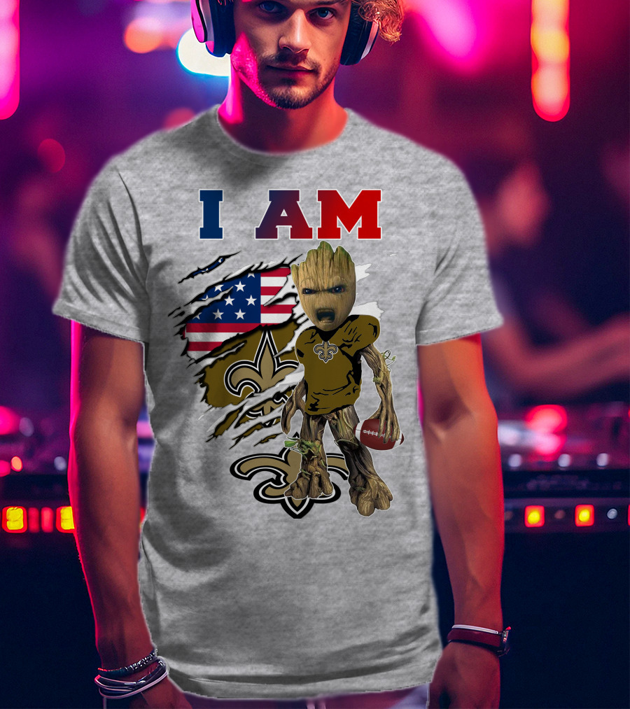 I Am Saints Baby Groot Nfl Football Fleur-De-Lis Usa Flag T-Shirt
