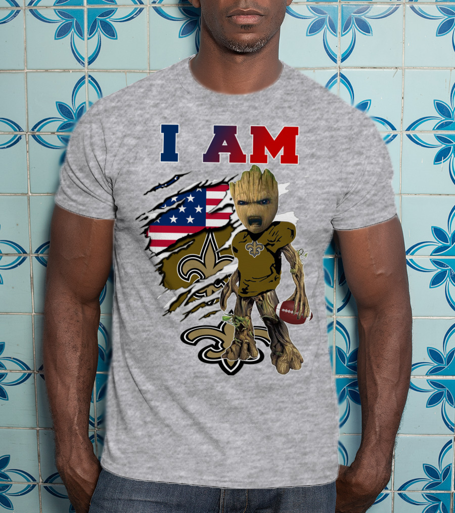 I Am Saints Baby Groot Nfl Football Fleur-De-Lis Usa Flag T-Shirt