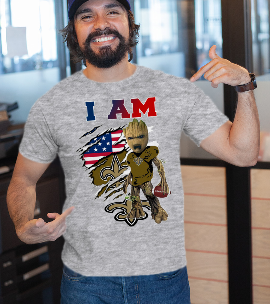 I Am Saints Baby Groot Nfl Football Fleur-De-Lis Usa Flag T-Shirt