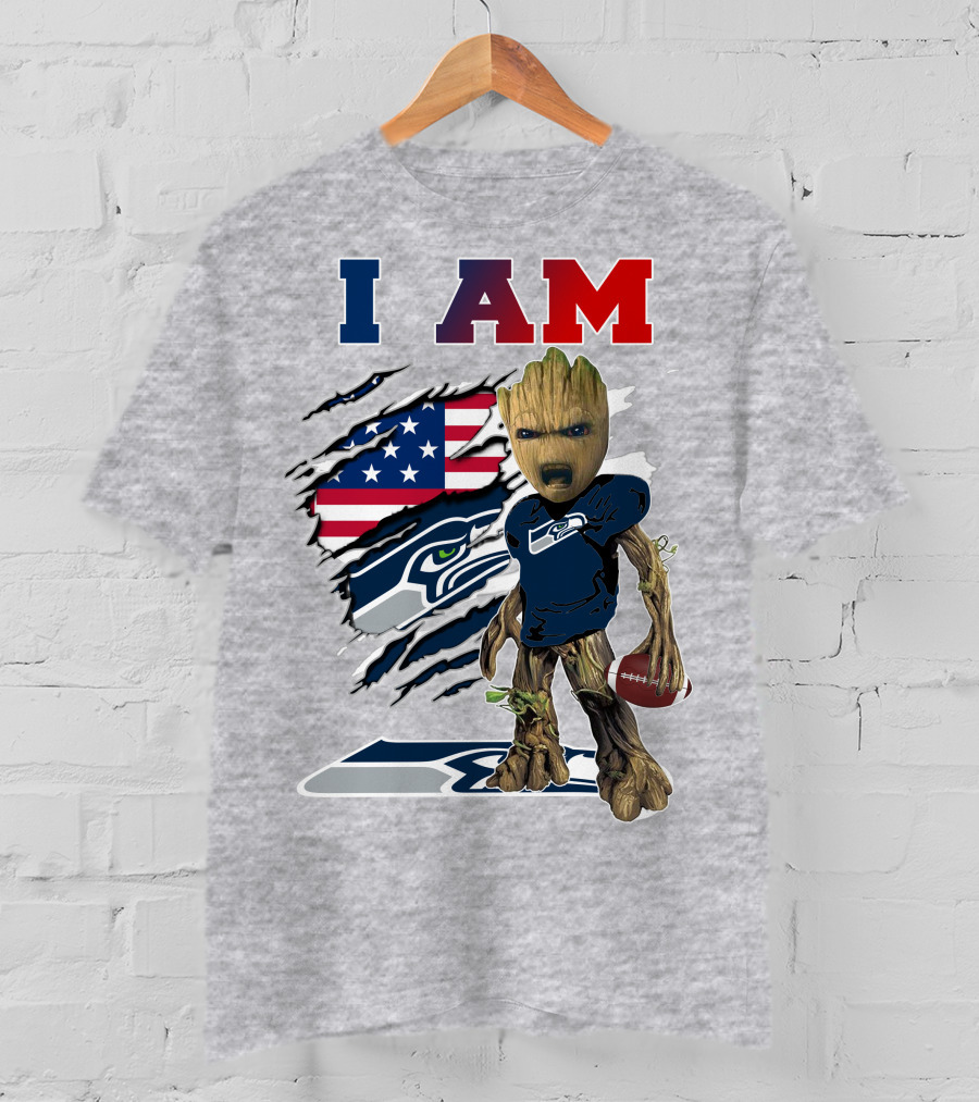 I AM Seahawks Baby Groot Football American Flag T-Shirt